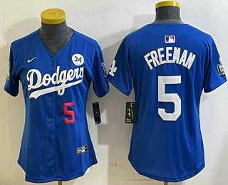 Women%27s Los Angeles Dodgers #5 Freddie Freeman Number Blue 2024 World Series With Fernando 34 Patch Limited Stitched Jersey